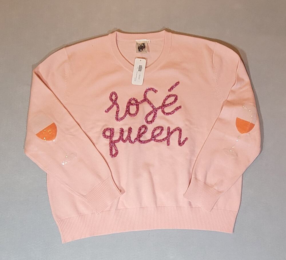 Queen of Sparkles NWT Rose Queen Sequin Wine Light Pink Sweater L